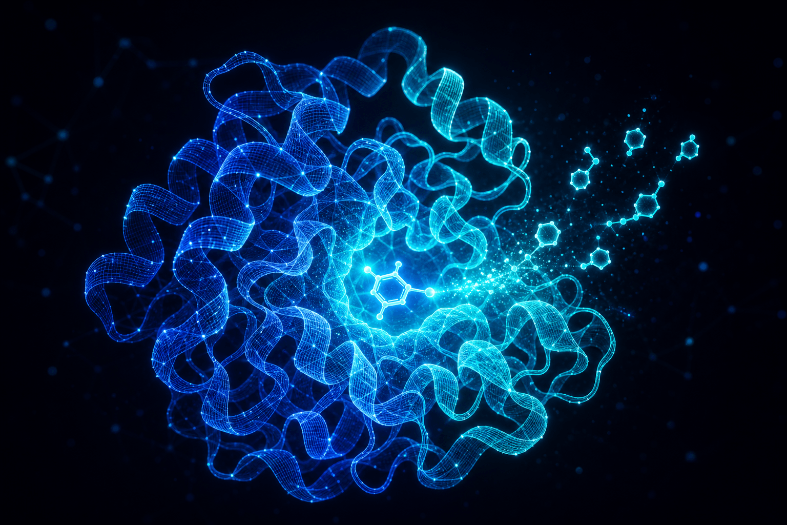 A glowing digital enzyme catalyzing a reaction at its active site