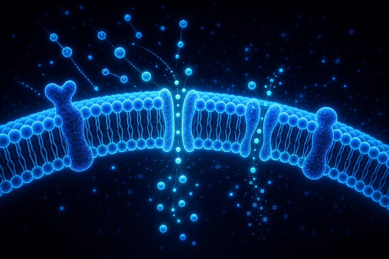 A glowing digital cell membrane gating signals through its channels