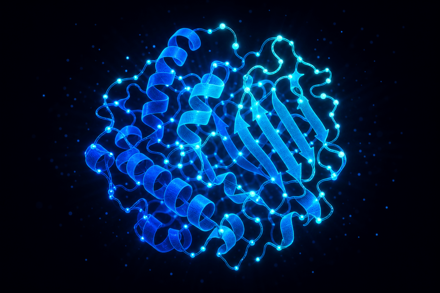 A glowing digital folded protein structure